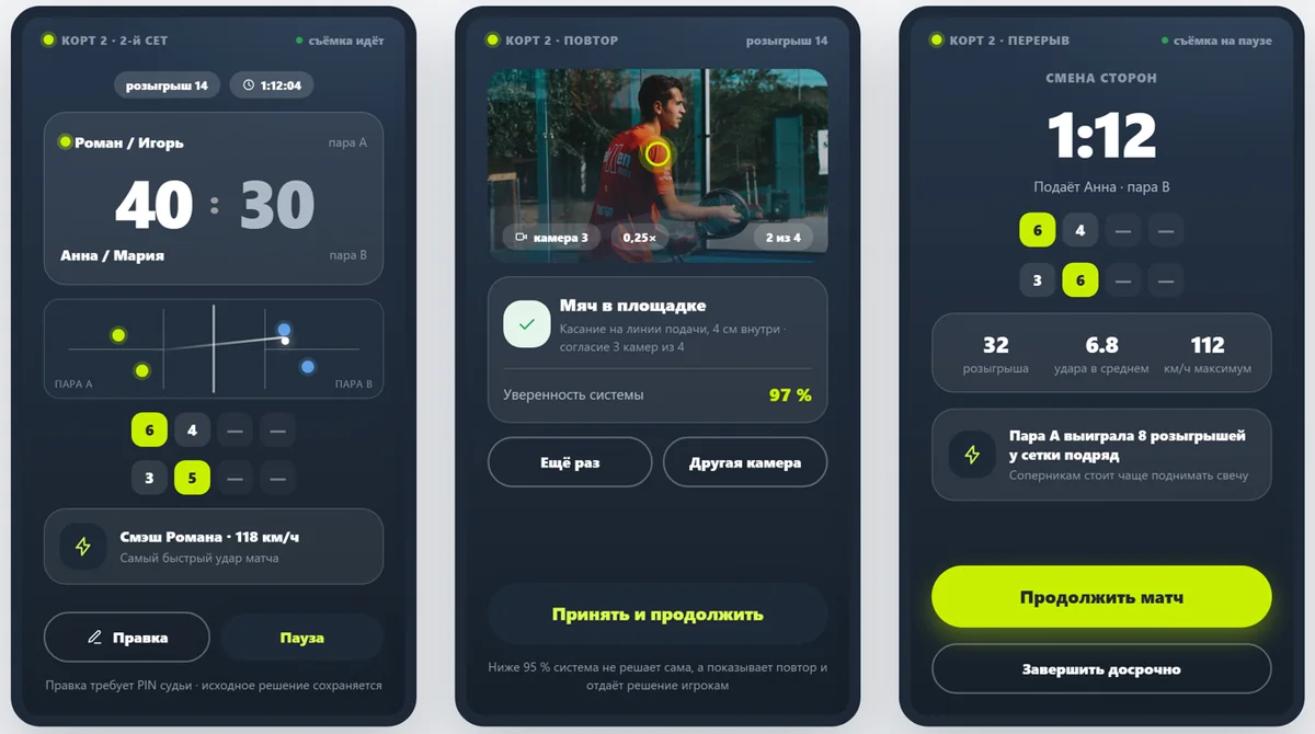 Match screens: live score, disputed point replay, side change